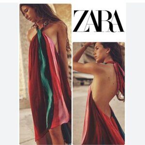 NWT ZARA BEADED HALTER DRESS OPEN BACK ASYMMETRIC  BLOGGERS FAV
